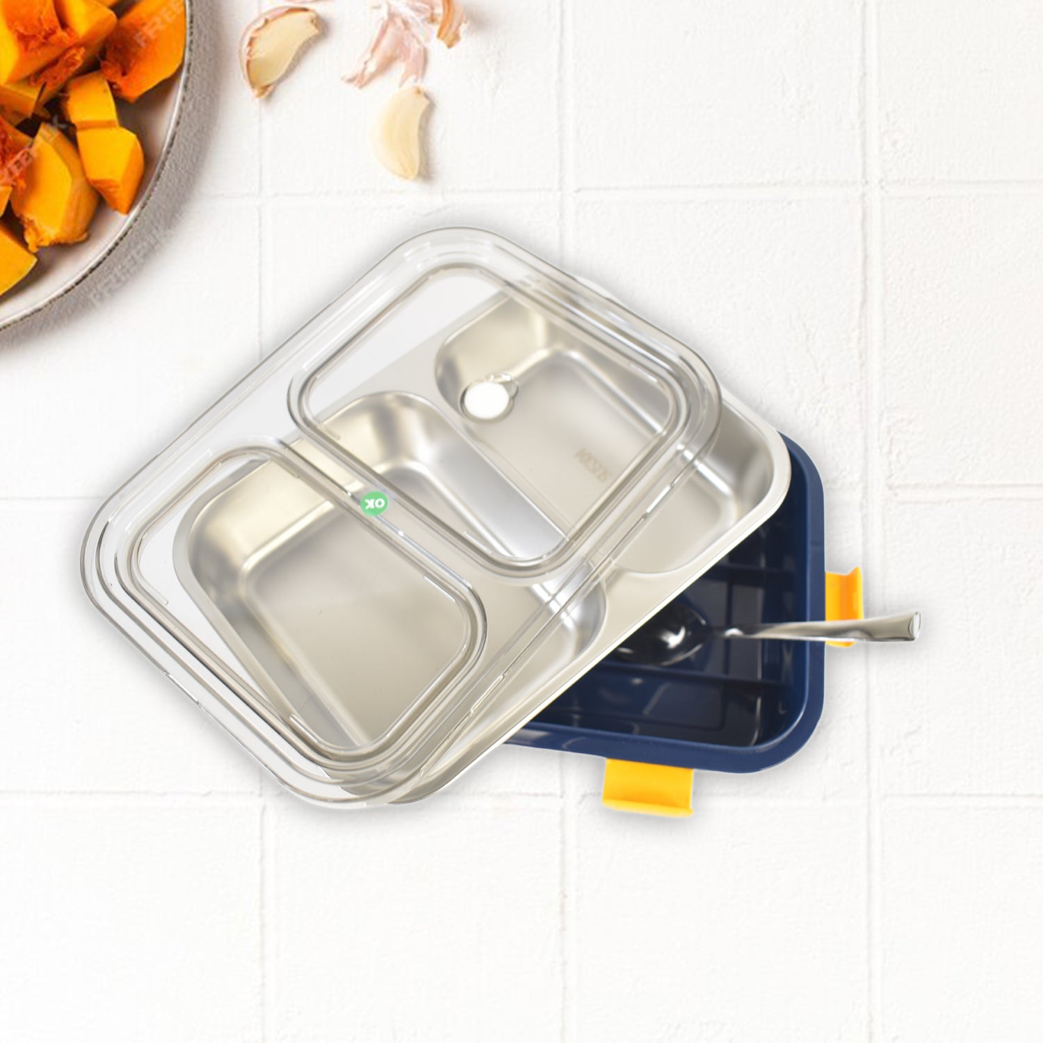 Stainless Steel Lunch Box 2 Section Lunch Box With Spoon Stainless Steel Lunch Box 2 Section Lunch Box With Spoon